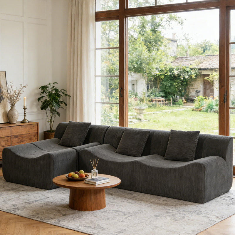 Canapé modulaire en Corduroy avec méridienne réversible, 3 coussins décoratifs inclus, aucun assemblage requis, canapé en L pour le salon