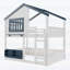 Lit superposé double / lit mezzanine double avec bibliothèque, style maison, clôture de sécurité de haute qualité, blanc et bleu