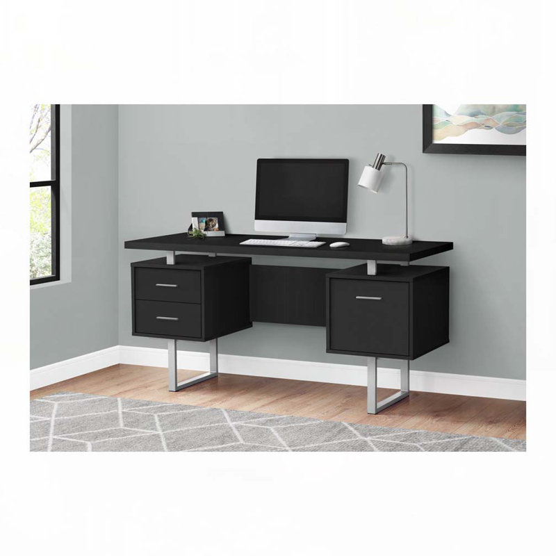 Jazarian Computer Desk, Home Office, Laptop, Left, Right Set-up, Storage Drawers, Work, 30" H x 60" W x 24" D, Black, Chrome