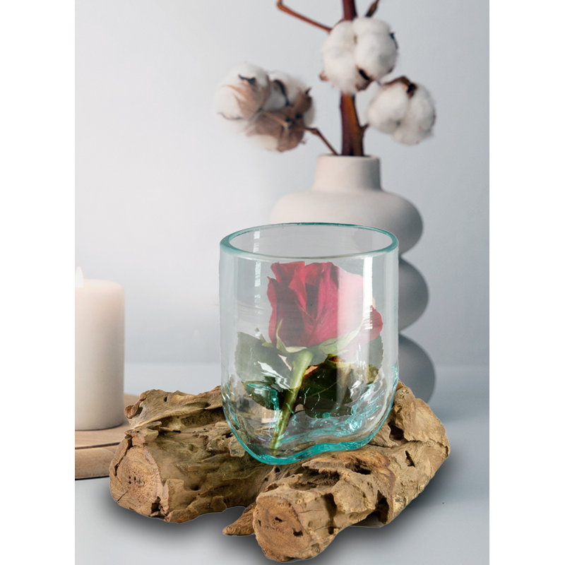 Vase en teck et verre Loon Peak®, vase cylindrique sur souche de teck naturel - décor rustique polyvalent pour fleurs fraîches, pot de fleurs succulentes et décorations bohémiennes, 13 po de long, 11 po de large et 7,5 po de haut