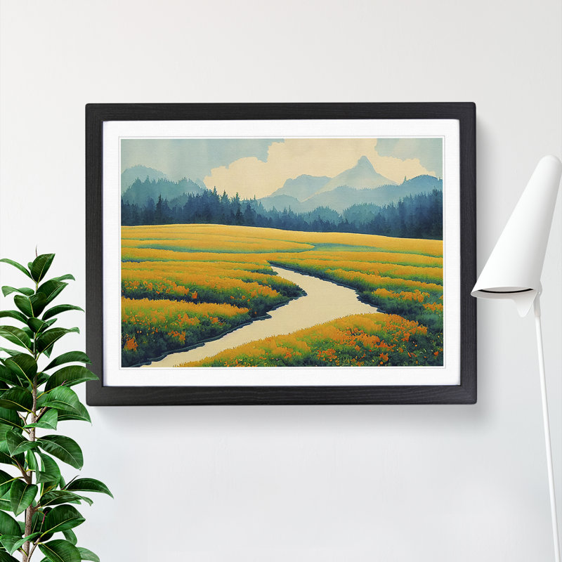 Carefree Spring Meadow Landscape - Single Picture Frame Print, 46cm H x 64cm W x 2cm D, Black Framed