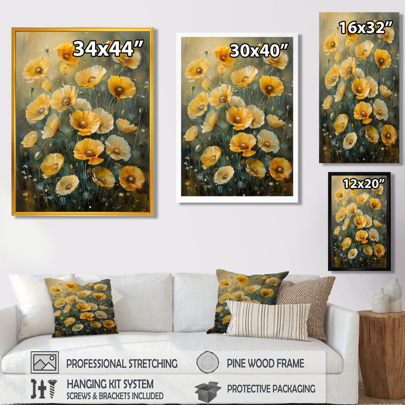 «Yellow Poppies Whispers Of Joy II», impression d'art mural coquelicots, Cadre flottant noir, H 12 po x l 20 po