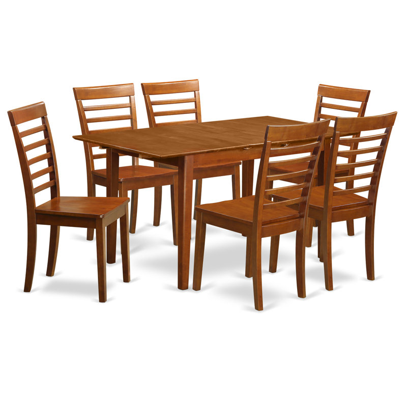 7 Piece Dining Table Set Consist of a Rectangle Dining Room Table with Butterfly Leaf and 6 Wood Seat Chairs, Saddle Brown