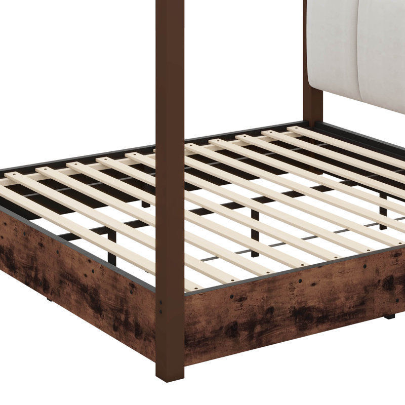 Lit plateforme avec auvent, tête de lit rembourrée et structure en métal, Queen, Brown