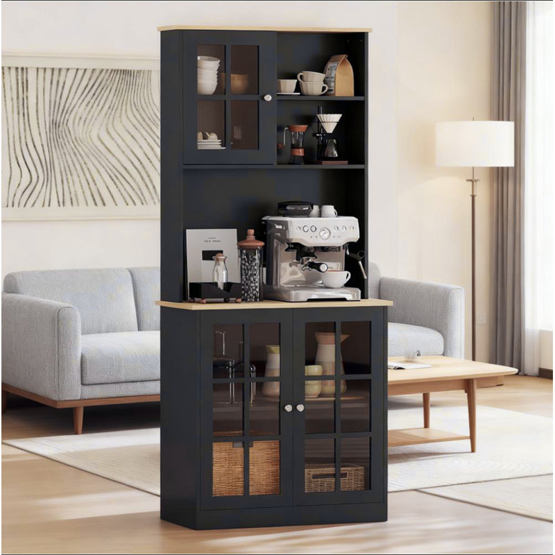 Armoire autoportante, armoire de rangement pour garde-manger, grand comptoir, portes en verre et tablettes réglables pour la salle à manger