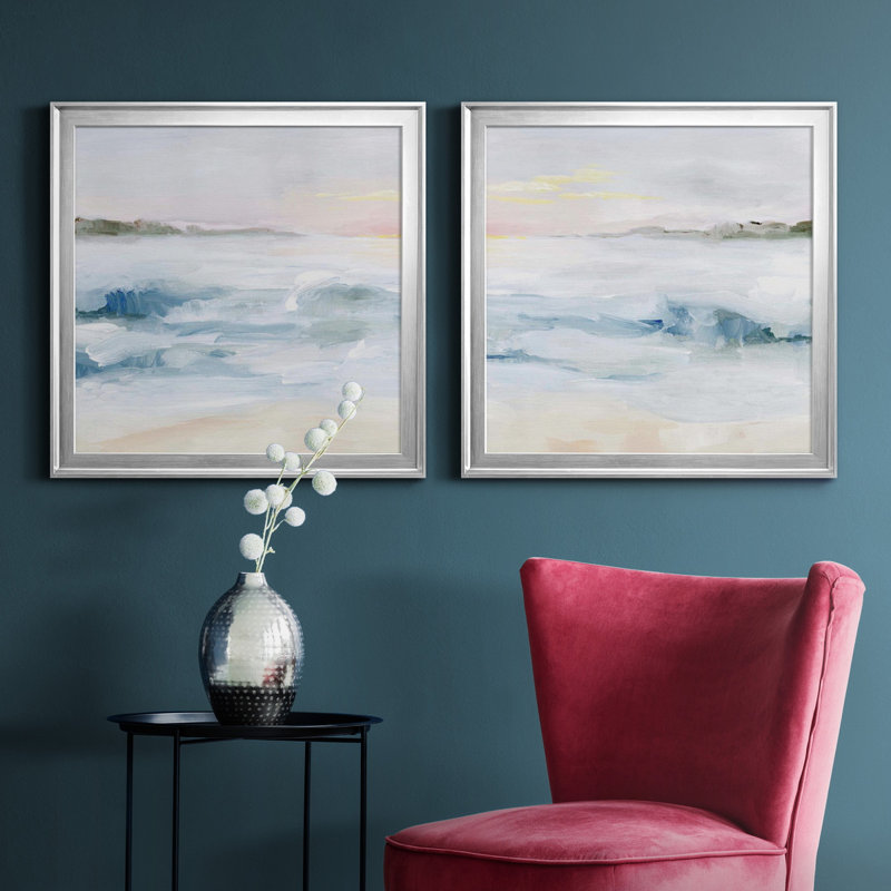 «Surf At Dawn», toile tendue avec châssis en I - prête à être accrochée, Toile avec cadre argenté, Pas de tapis