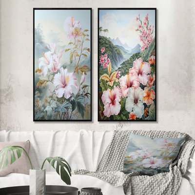 Hibiscus blanc sur la colline du Japon - ensemble de 2 décorations murales florales