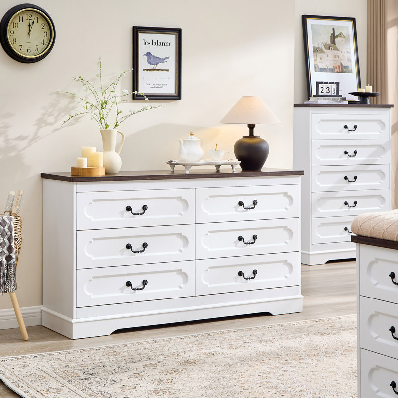 Commode double 6 tiroirs Farmhouse, Blanc