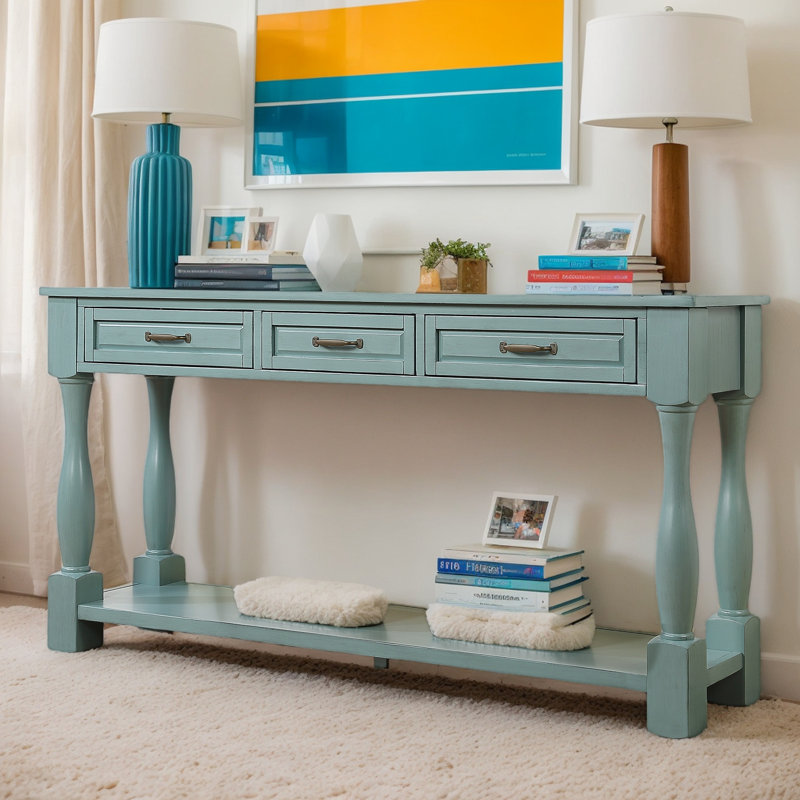 Retro Green Solid Wood Console Table with Storage Drawers and Shelf