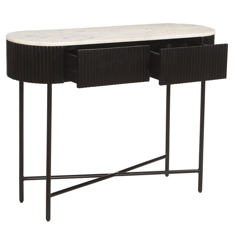 Console Mid-Century moderne en bois massif et marbre, 39 po avec tiroirs - noir et blanc, Blanc/Noir, Noir