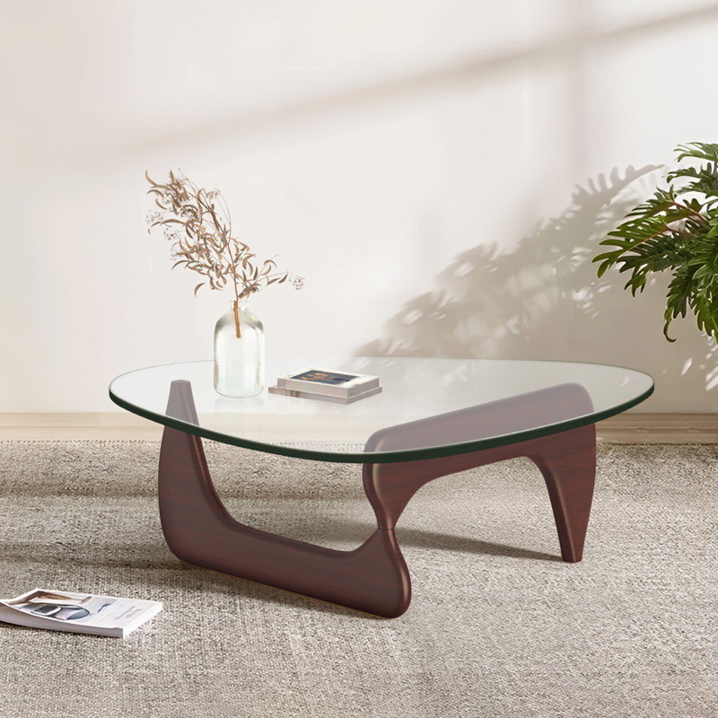 15Mm (0.59") Extra-Thick Glass Triangle Coffee Table With Solid Wood Base, Mid-Century Modern Style, Gray