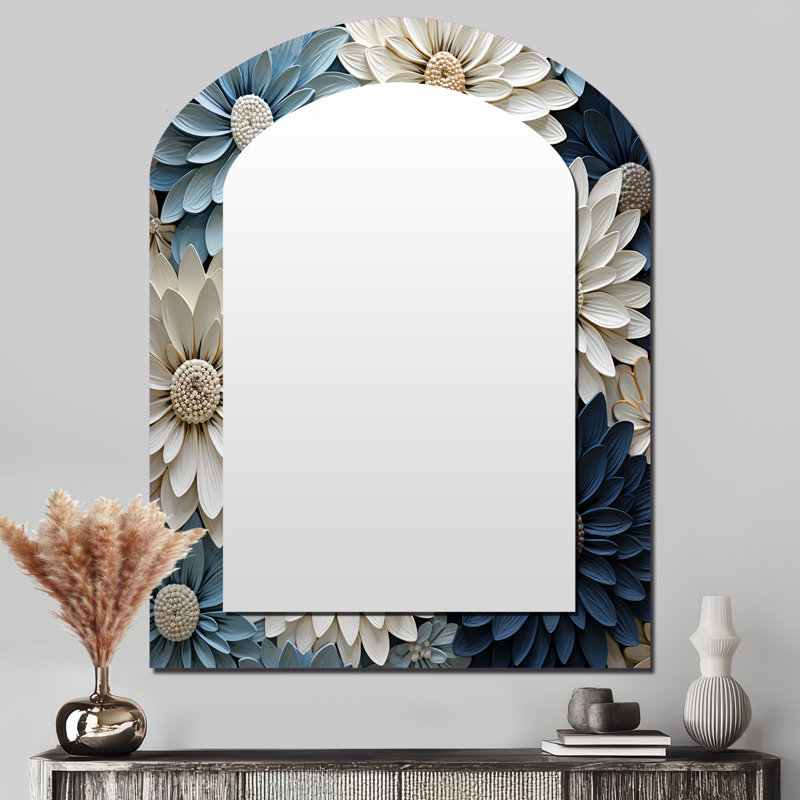 Blanc et bleu zinnias Bounty - miroir unique asymétrique Zinnias, grand miroir mural arqué blanc, impression d'art en métal