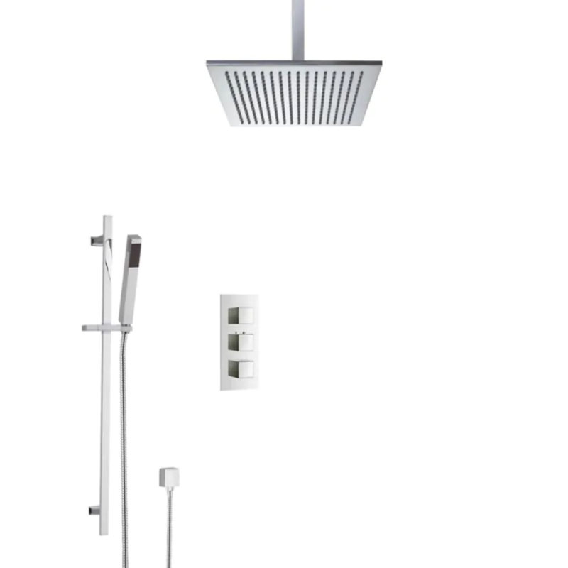 Juno Chrome Plated Solid Brass Ceiling Mount Square Shower Head Set with Hand Shower