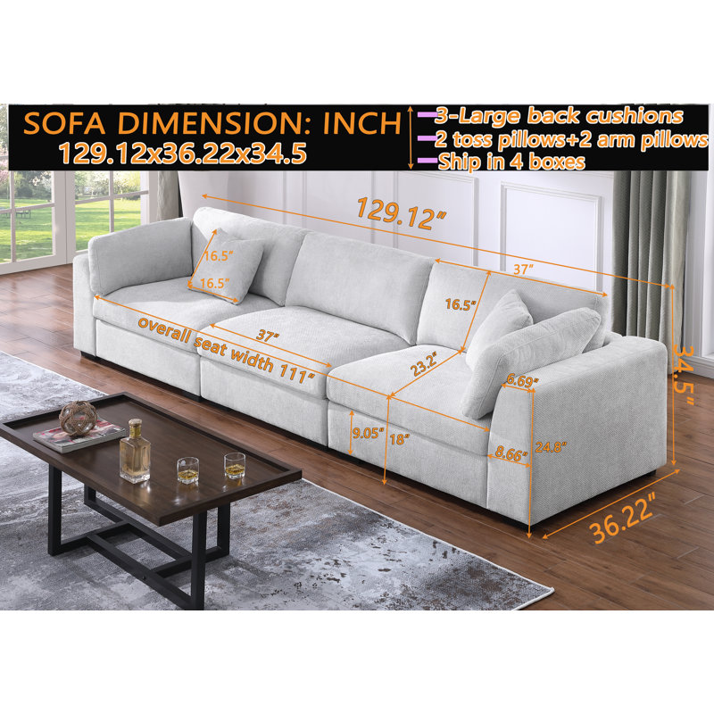 Squared Arm Wide Seat Upholstered Sofa, Light Gray