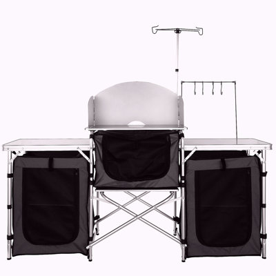 Table de cuisine de camping, table de cuisson extérieure pliante avec sac de transport de rangement, station de cuisson en aluminium 3 armoires et pare-brise amovible, installation rapide pour les pique-niques, barbecue, voyage en véhicule récréatif,