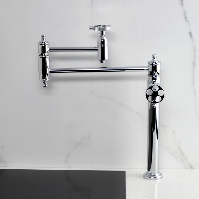 Kingston Brass Wendell Two-Handle 1-Hole Deck Mount Pot Filler Faucet with Knurled Handle, Polished Chrome