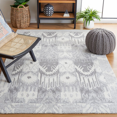 Tapis en laine / coton touffeté à la main Ikat gris clair / ivoire
