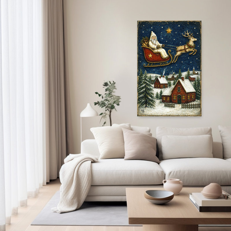 Santa In Sleigh Vintage Abstract Pine Tree Landscape Wildlife Wall Art Print, 152.4cm H x 101.6cm W