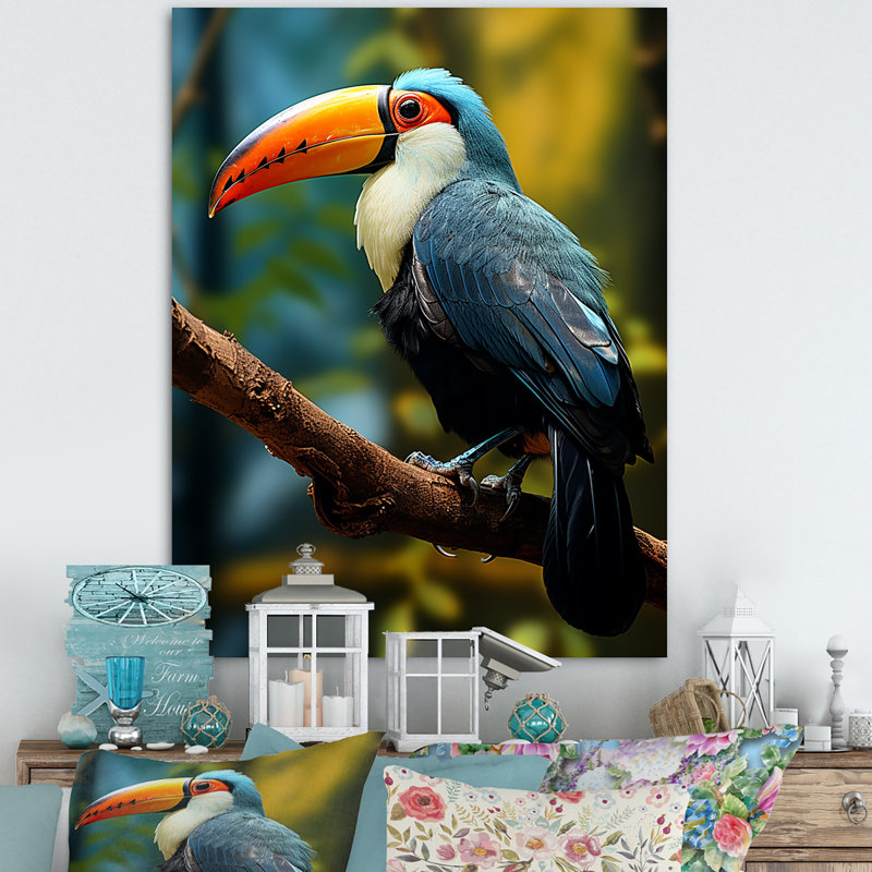 Bleu et blanc, jungle tropicale toucan, Toile tendue, H 20 po x l 12 po x P 1 po