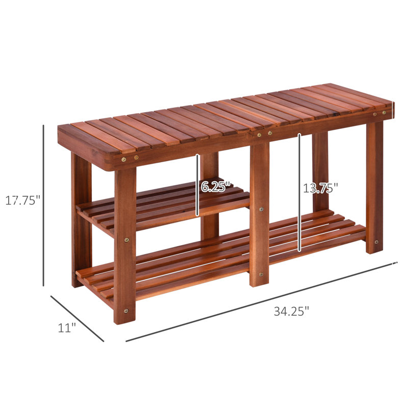 Étagère à chaussures à 3 niveaux, range-chaussures en bois d'acacia, banc d'entrée rustique avec tablettes de rangement