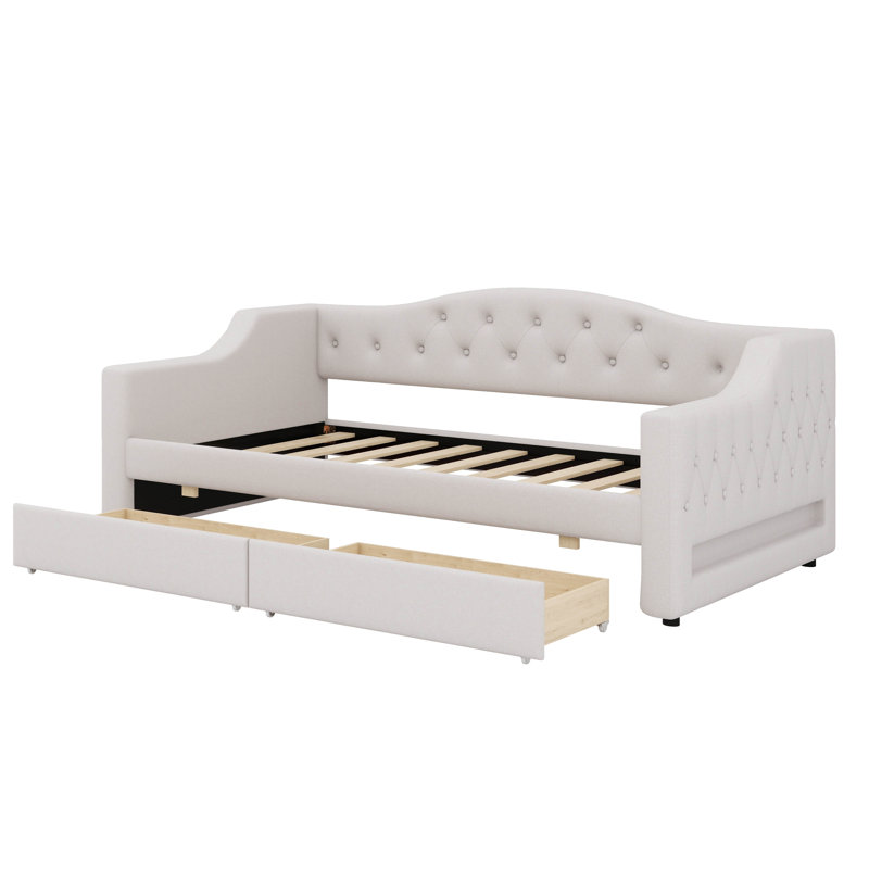 Twin XL-Sized Daybed With LED Strip And 2 Drawers, Beige