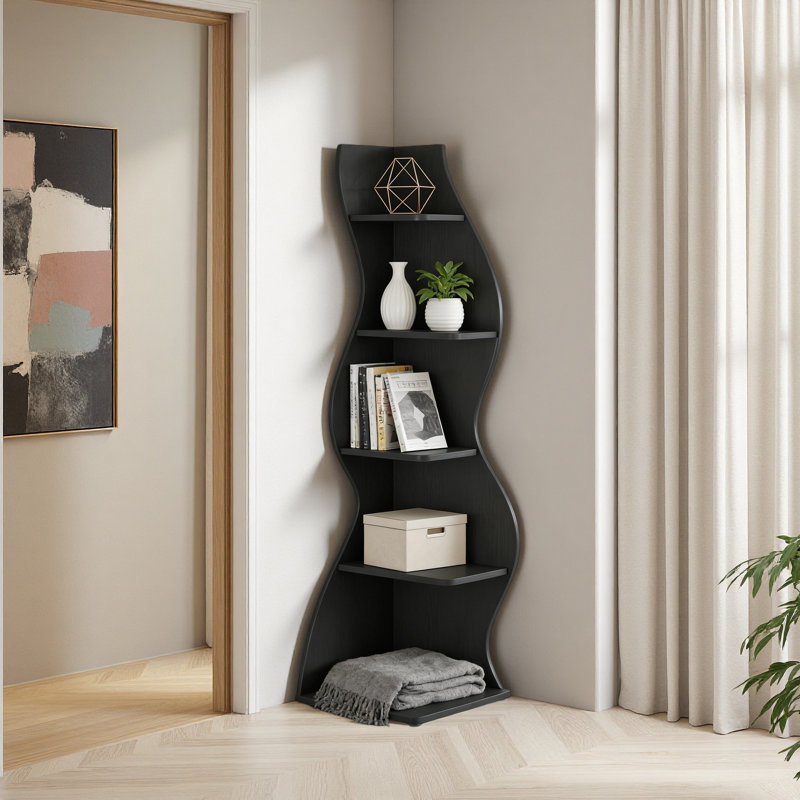 Vintage Wall Corner Bookcase,5-Tier Bookcase,Corner Shelf, Black