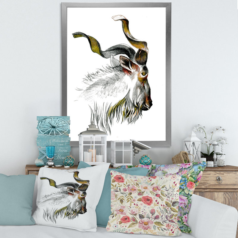 Portrait monochrome de chèvre II - reproduction sur toile, H 20 po x l 12 po x P 1,5 po, Toile avec cadre argenté