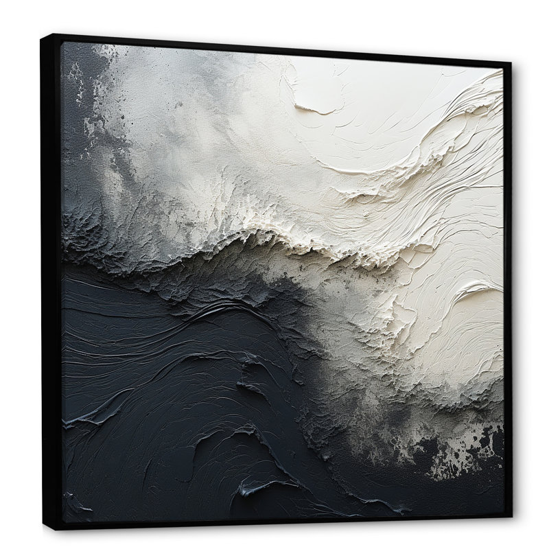 Minimalisme, peinture noire et blanche, vague I - art mural encadré bord de mer, H 36 po x l 36 po x P 1,5 po