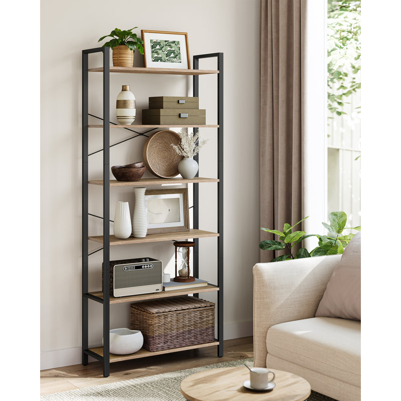 6 Tier Bookcase With Steel Frame, Free Standing Shelf, Living Room, Bedroom, Office, Industrial Design, Black Ink