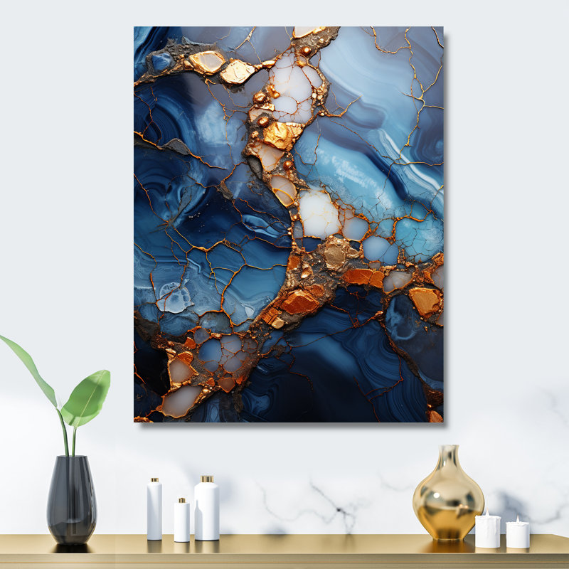 Or et bleu marbre mosaïque agate VI - impression abstraite d'art mural en métal, H 32 po x l 24 po x P 1 po