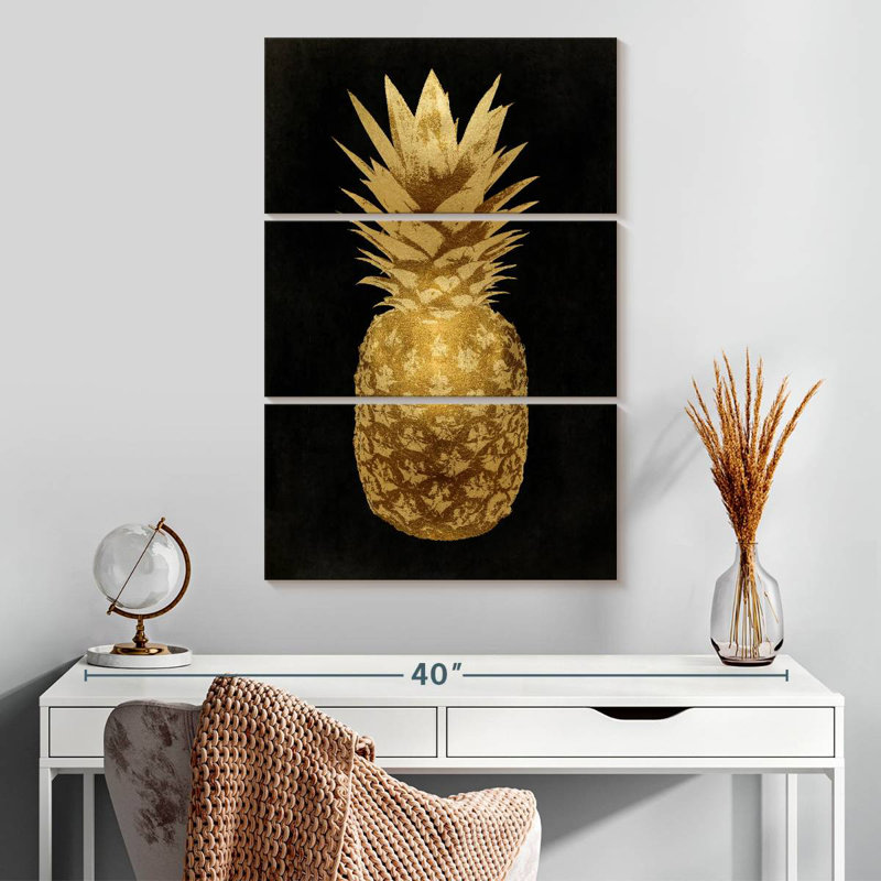 Yarlin - Ananas doré sur fond noir II, H 32 po x l 20 po