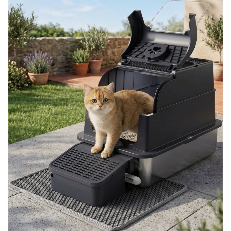 Grande grande litière pour chat en acier inoxydable avec couvercle rabattable, conception ouverte et fermée 3 en 1, marchepied et tapis anti-traces, contrôle des odeurs, nettoyage facile