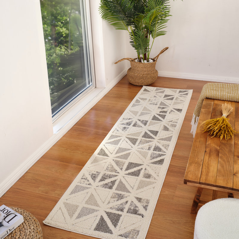 Tapis d'intérieur à motif géométrique gris crème., Tapis de couloir 2 pi 3 po x 8 pi
