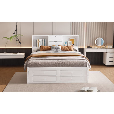King Size Platform Bed With Storage Headboard And 8 Drawers, White