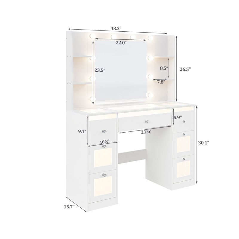 White Makeup Vanity Desk with Lighted Mirror & Glass Top | 7 Lighted Drawers, 4 Shelves & Power Outlet – 3-Color LED Lights, Dressing Table for Bedroom