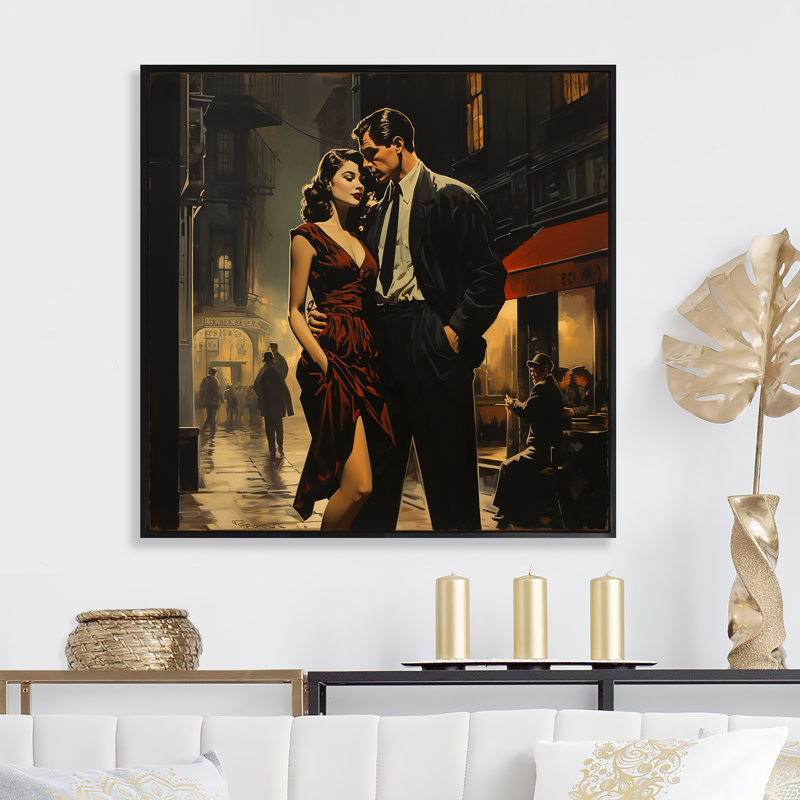 Old Hollywood Romance Couple Elegance II - Art mural femme, H 30 po x l 30 po x P 1,5 po, Cadre flottant noir