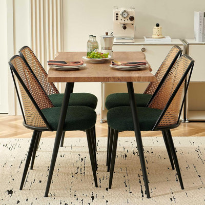 Modern Kitchen Dining Table Set for 4, 5 Pieces Wooden Breakfast Dining Table Set with 4 Upholsetered Boucle Dining Chairs Rattan Backrest,Metal Legs for Dining Room,Living Room