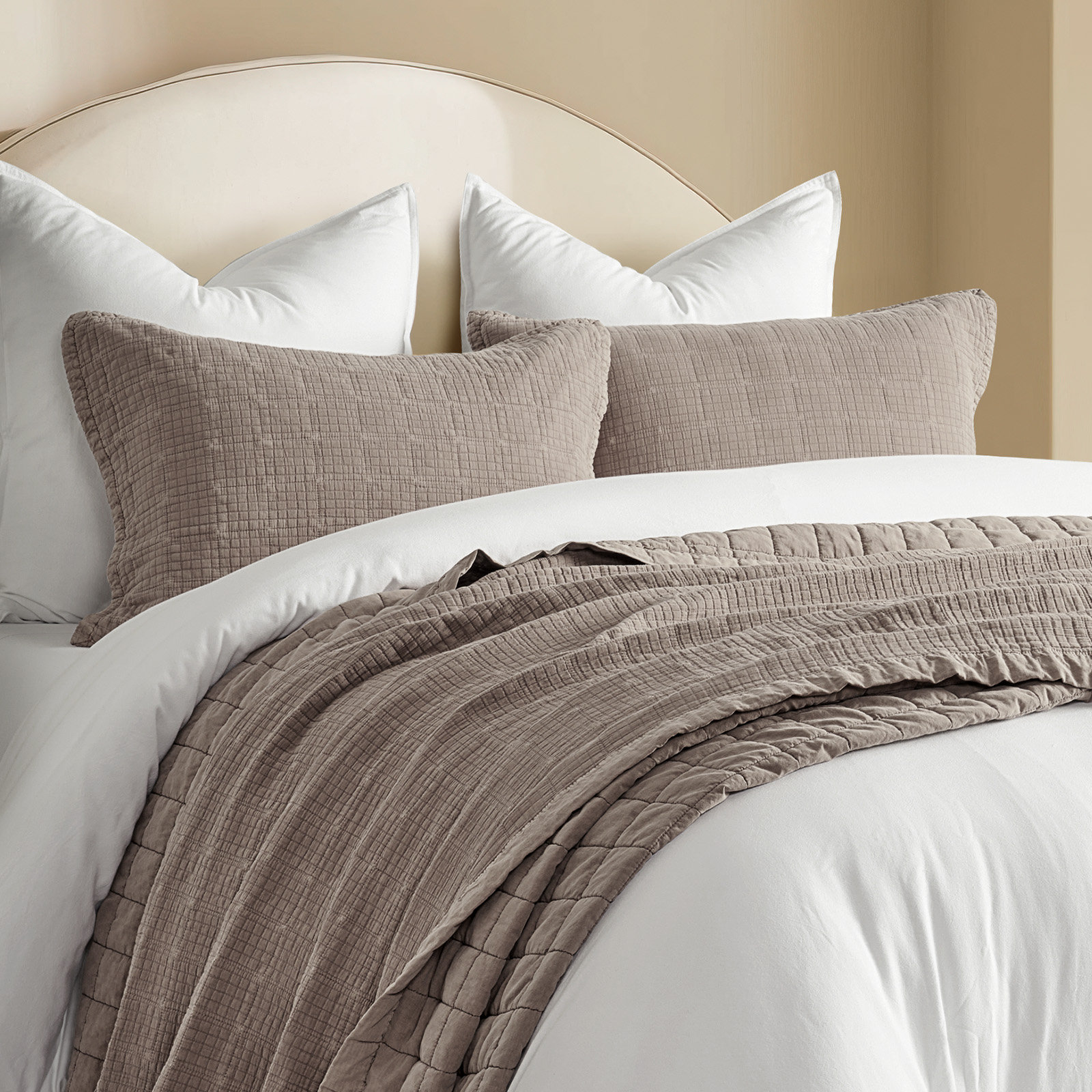 Stonewashed Crinkle Cotton Box Stitch Quilt Set, Truffle Taupe Brown, King Quilt + 2 King Shams