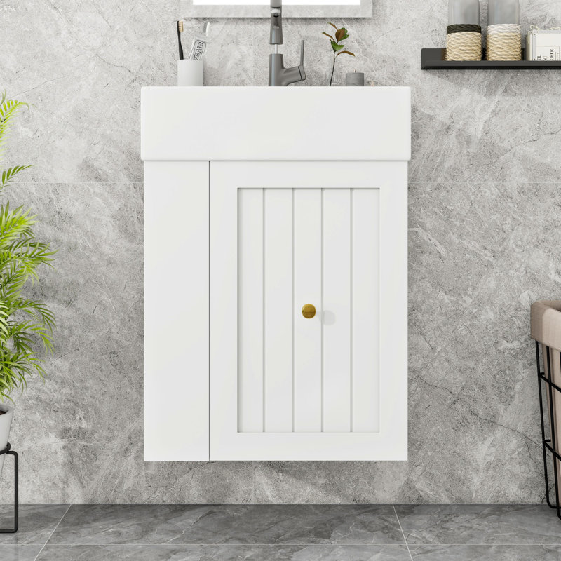 Meuble-lavabo mural avec lavabo, tiroir et tablette latérale, Blanc
