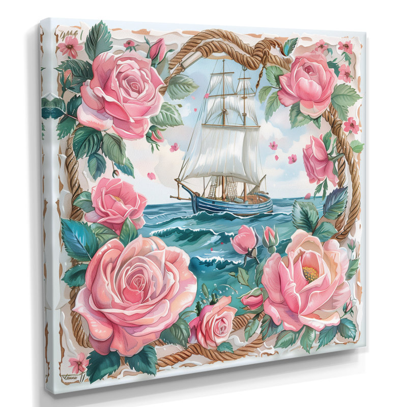 Ancre de pirate rose avec roses roses III - impression d'art mural côtier, Toile tendue, H 16 po x l 16 po x P 1 po