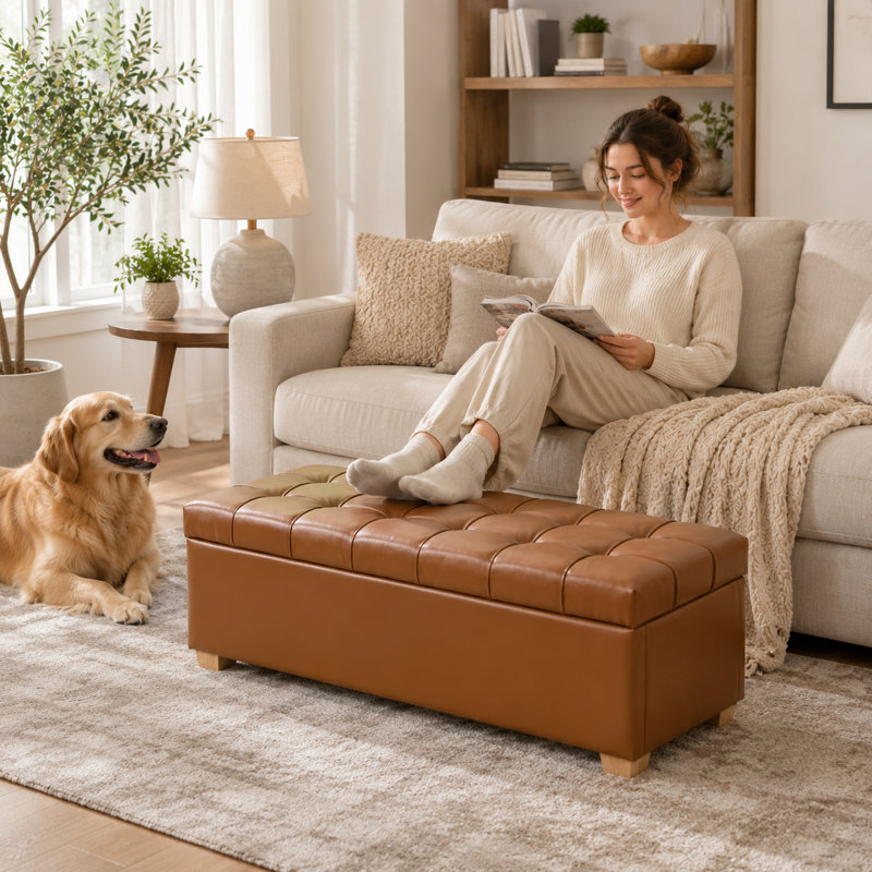 Banc de rangement en similicuir 60 po, Brun