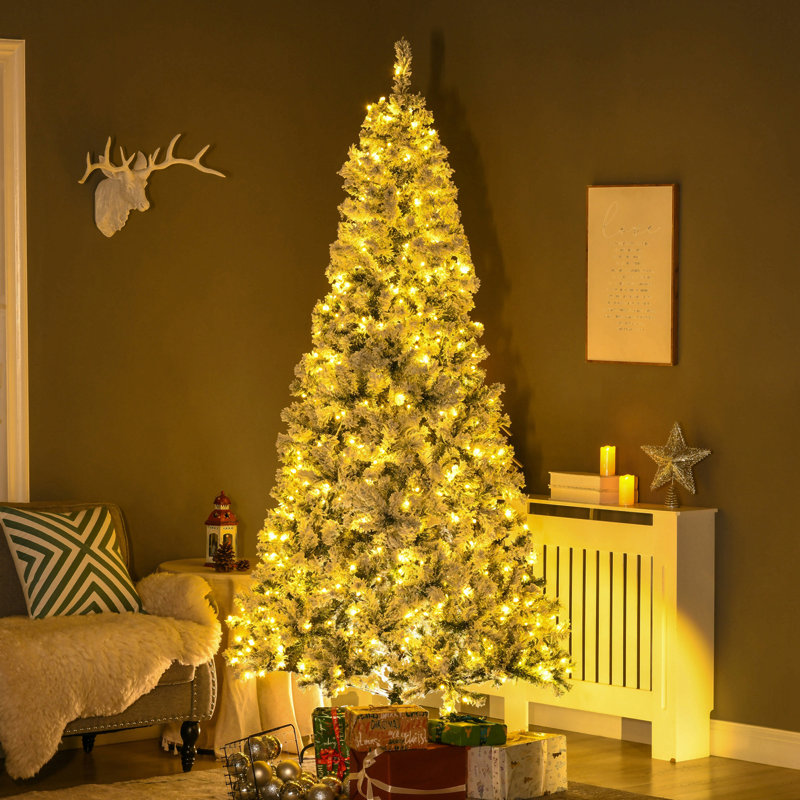 Décoration de Noël d'arbre de Noël artificielle haute 7,5 pi avec 1188 branches floquées par la neige, 500 lumières DEL blanc chaud, ouverture automatique, vert