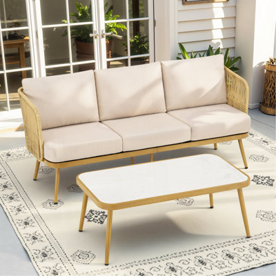 Canapé d'extérieur en rotin et osier 3 places avec table basse pour le jardin, la cour et le porche