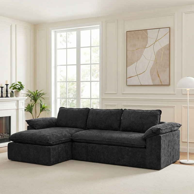 Cozy Modern Boneless L-Shaped Sectional Sofa – Reversible Chenille, Pet-Friendly, Cloud-Like Comfort, No Assembly, Black