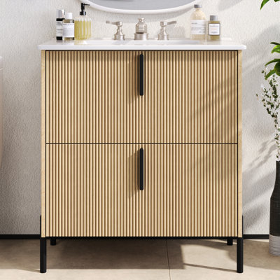 Meuble-lavabo de 30 po avec lavabo en céramique, tiroirs à extension, glissières de tiroir encastrées à fermeture en douceur, conception cannelée à la main, texture naturelle - idéal pour les petits espaces intérieurs, rangement fonctionnel