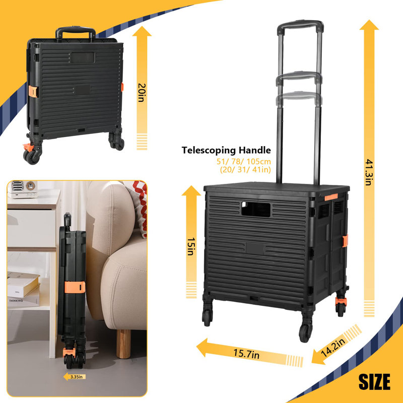 Foldable Utility Cart Portable Rolling Crate Handcart Shopping Trolley Collapsible Tool Box With Rotate Wheels Durable Duty Plastic Telescoping Handle Lid(Black)