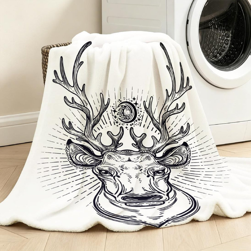 Jeté en molleton noir ultra doux en flanelle, tête de cerf avec magnifique imprimé d'un seul côté, Throw 30" x 40"