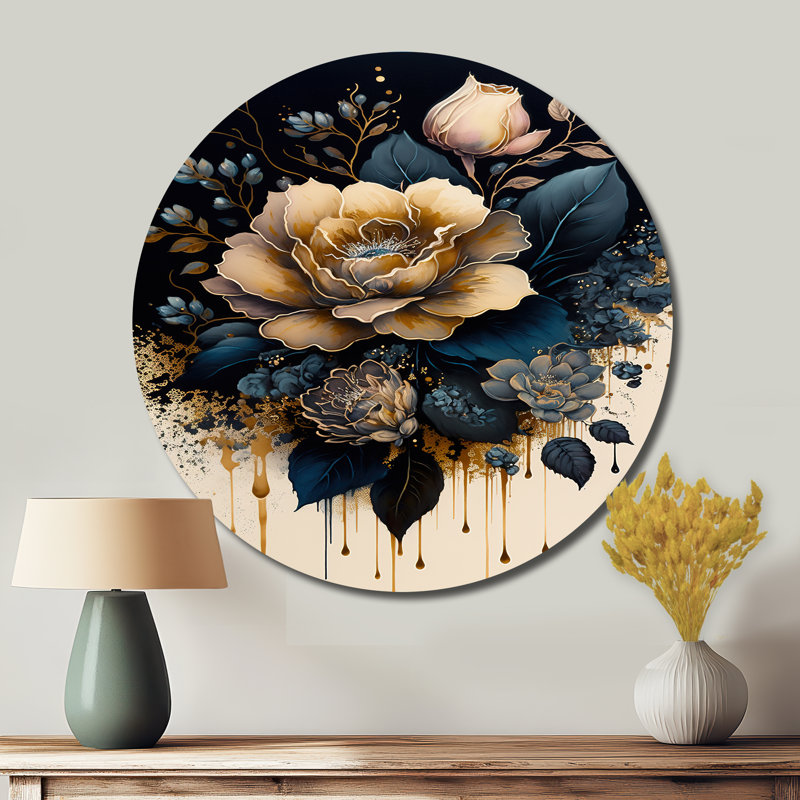 Bleu marine et rose doré I - Art floral rond en métal, H 16 po x l 16 po