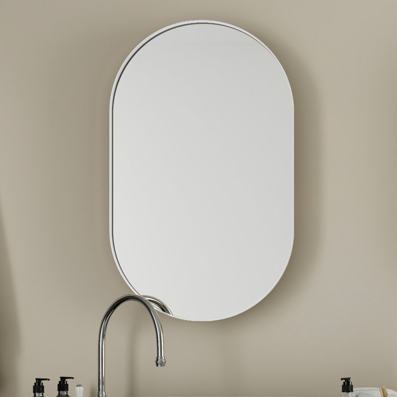Armoire de salle de bain encastrable ovale en métal avec rangement - 20 po x 34 po avec miroir et tablettes réglables, unité blanche