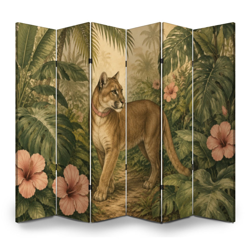 Cloison pliante 6 panneaux paravent Hibiscus de la jungle tropicale rose avec fleurs, 6, 71" H x 96" W x 1" D